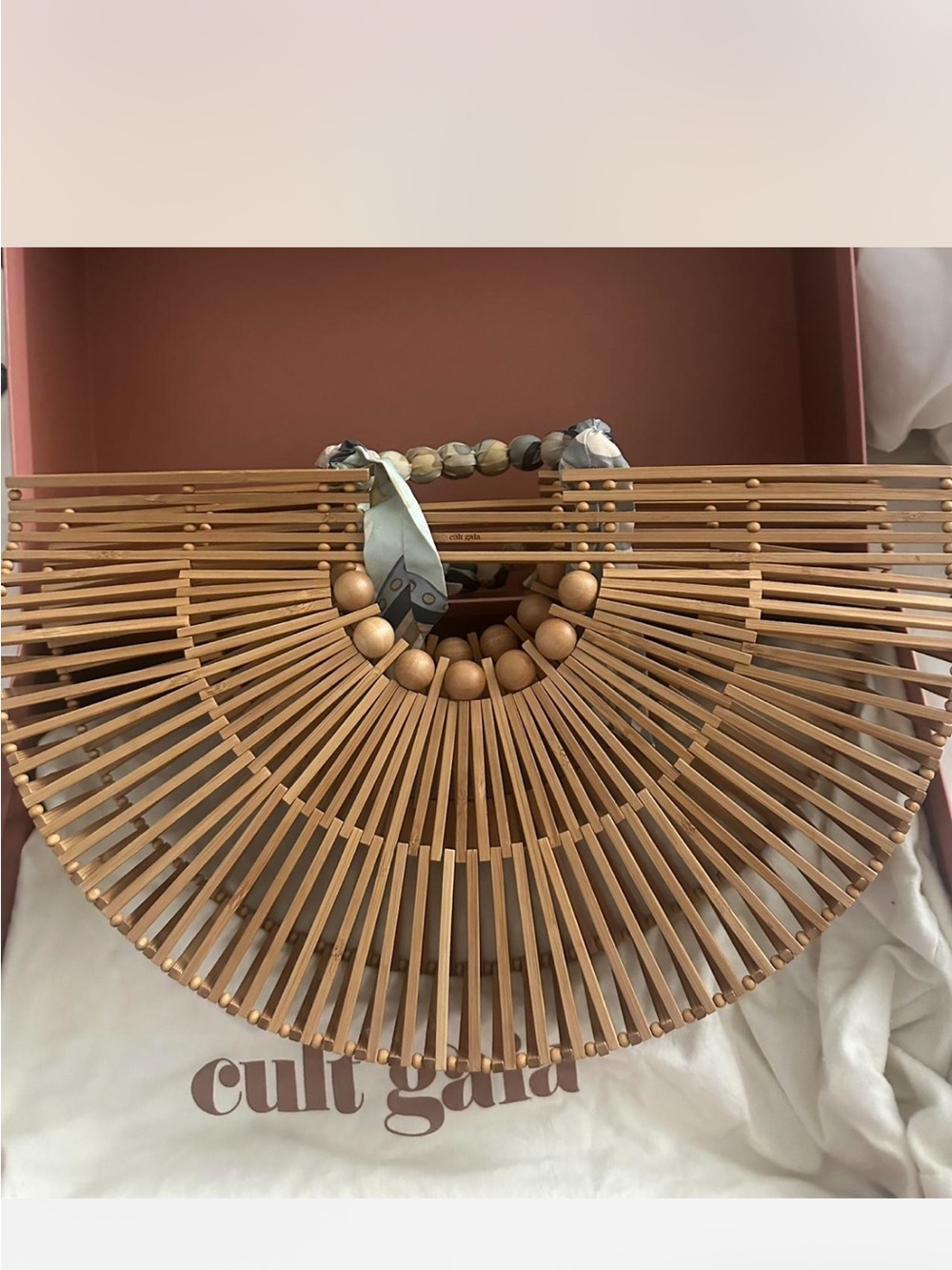 cult gaia tan bamboo arc tote with beaded handle and scarf